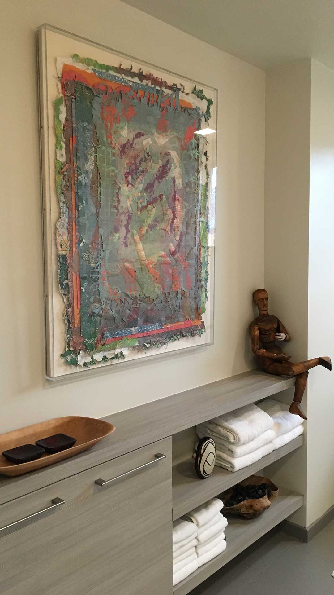 Custom Bath Suspended Open Shelving — Gregio Pine wood-grain vanity with storage and open display shelving