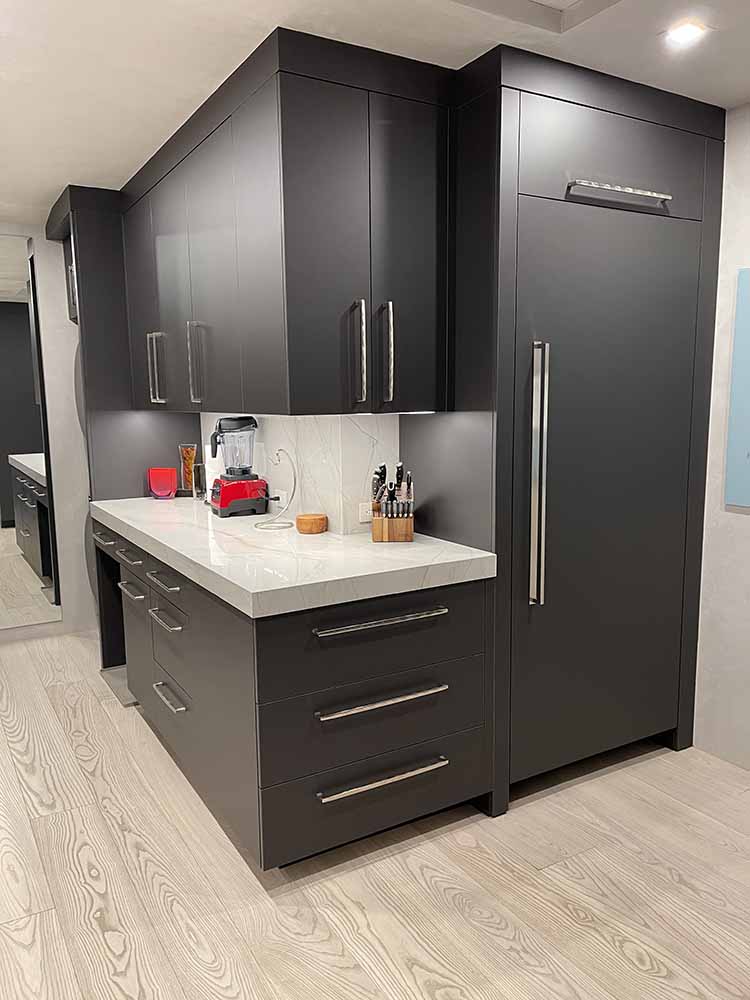 Matte wood grain cabinet finishes