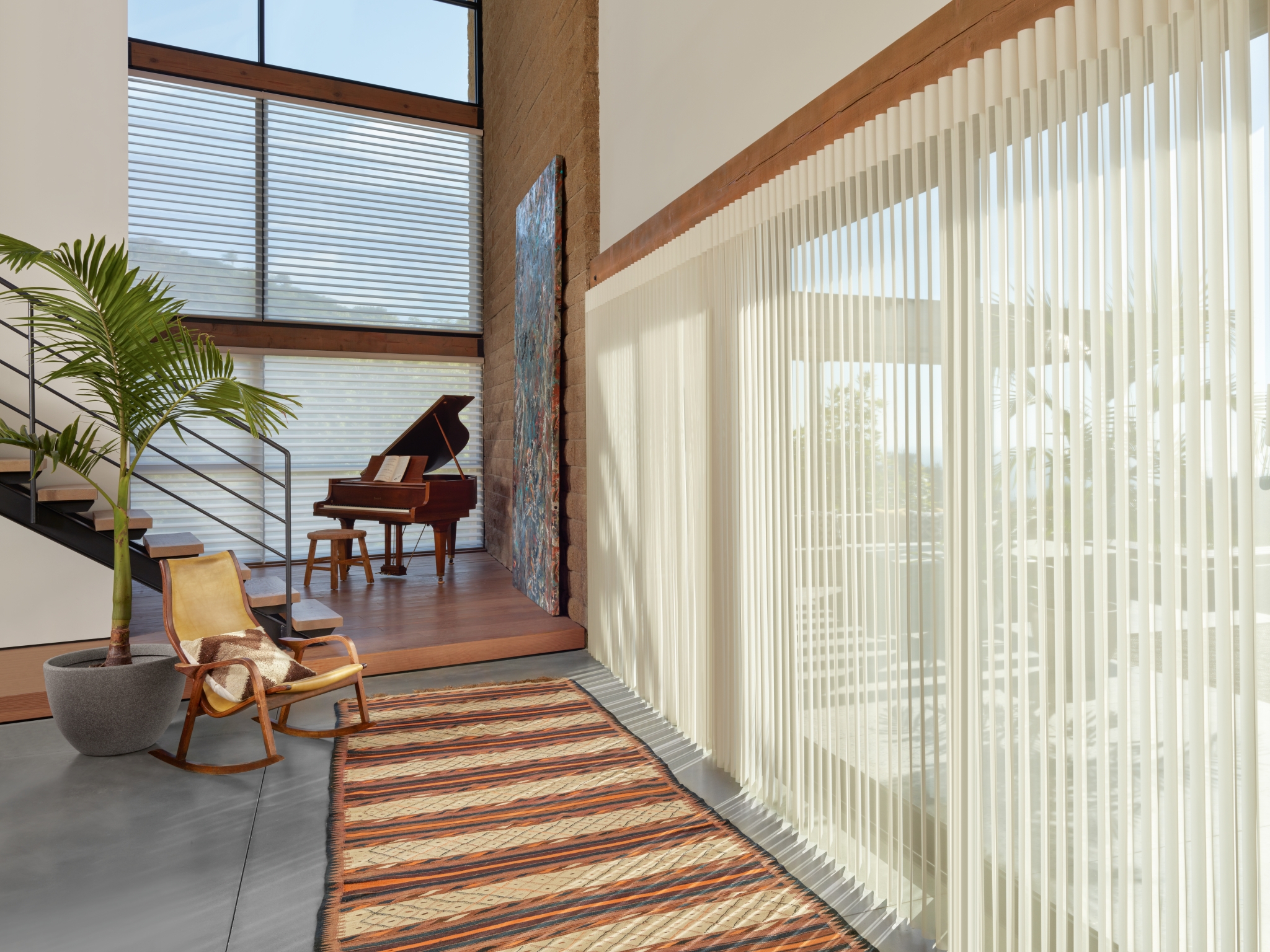 Luminette motorized privacy sheers in a mountain modern interior