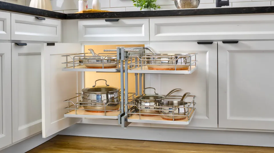 Blind corner cabinet organization solution