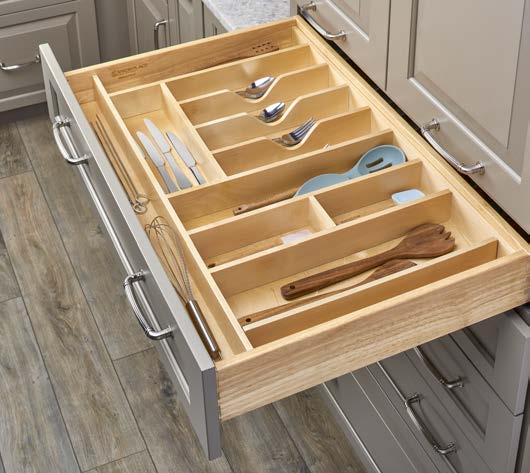 Wood utensil tray insert organizer for kitchen drawer
