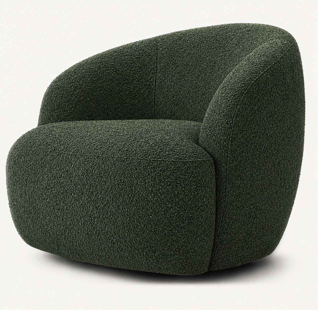 Bouclé upholstered swivel chair in a mountain modern interior